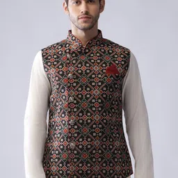 KISAH Ethnic Motif Printed Nehru Jacket With Pocket Square-46