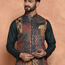 KISAH Printed Nehru Jackets With Pocket Square-4