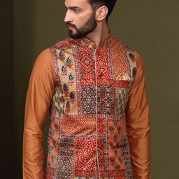KISAH Printed Nehru Jackets With Pocket Square-0