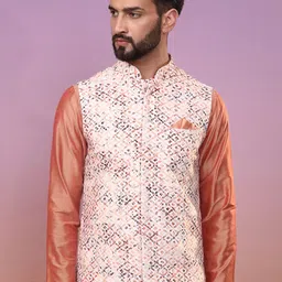 KISAH Printed Nehru Jackets With Pocket Square-3
