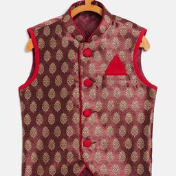 YK Boys Maroon & Beige Woven Design Nehru Jacket-20