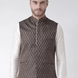 DEYANN Men Black & Gold-Toned Woven-Design Jacquard Nehru Jacket-image-80