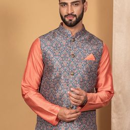 KISAH Printed Mandarin Collar Woven Nehru Jacket With Pocket Square-22
