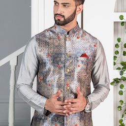 KISAH Men Grey Printed Woven Nehru Jacket-6
