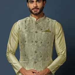 KISAH Woven Design Mandarin Collar Nehru Jacket-5
