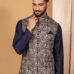 KISAH Men Grey Printed Woven Nehru Jacket-5