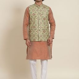 SOJANYA Men Orange Ethnic Motifs Kurta with Pyjamas & Nehru Jacket-picture-55