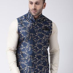 Hangup Men Navy Blue & Beige Woven Design Nehru Jacket-30