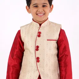 YK Boys Beige & Maroon Woven-Design Slim-Fit Nehru Jacket-30