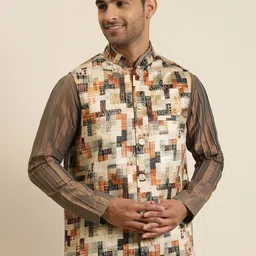 Sojanya Men Beige & Brown Printed Nehru Jacket-picture-12