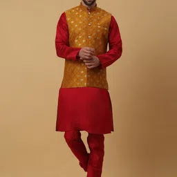 KRAFT INDIA Cotton Silk Regular Sequinned Kurta with Churidar & Nehru Jacket-image-21