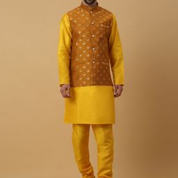 KRAFT INDIA Mandarin Collar Straight Kurta & Churidar With Jacquard Nehru Jacket-image-76