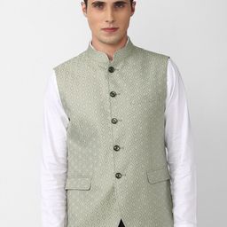 Peter England Elite Men Grey Woven Design Nehru Jacket-39