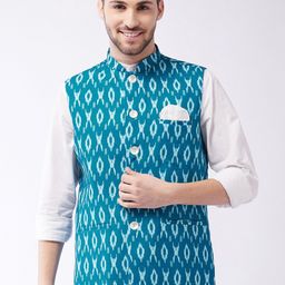 VASTRAMAY Men Turquoise Blue & White Ikkat Printed Cotton Slim-Fit Woven Nehru Jacket-28