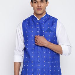 Fabindia Men Blue & Gold Printed Silk Blend Dobby Nehru Jacket-picture-9
