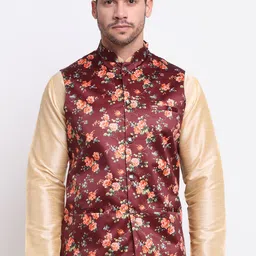 KRAFT INDIA Men Maroon & Orange Floral Printed Satin Nehru Jacket-image-87