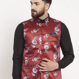 KLOTTHE Men Red & White Floral Printed Satin Nehru Jacket-26