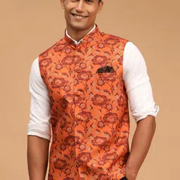 VASTRAMAY Men Rust Printed Cotton Blend Nehru Jacket-11