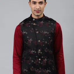 MANQ Men Black Woven Jaquard Silk Nehru Jacket-23