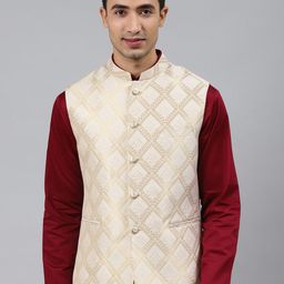 MANQ Men White Woven Jaquard Silk Nehru Jacket-picture-45