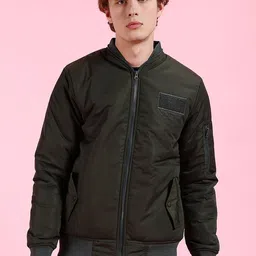 The Indian Garage Co Men Olive Green Geometric Striped Longline Outdoor Open Front Jacket-image-58