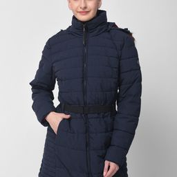 Woodland Women Navy Blue Water Resistant Longline Padded Jacket-image-8