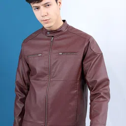 HIGHLANDER Men Burgundy Solid Leather Jacket-47