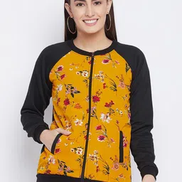 PURYS Women Black & Mustard Floral Printed Bomber Jacket-37