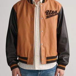 GANT Graphic Printed Stand Collar Leather Bomber Jacket-57