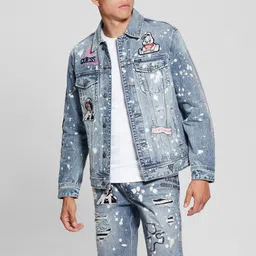 GUESS Spread Collar Graphic Printed Pure Cotton Denim Jacket-picture-54