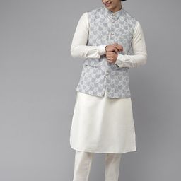See Designs Men Turquoise Blue & White Woven Design Nehru Jackets-picture-35