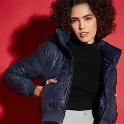 SASSAFRAS Navy Blue Hooded Cropped Puffer Jacket-image-22