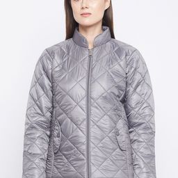 Adobe Women Grey Striped Quilted Jacket-image-94