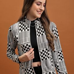 Tokyo Talkies White Graphic Printed Mock Collar Jacquard Open Front Jacket-10