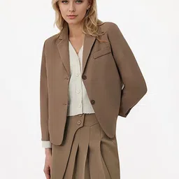 JC Mode Women Solid Nylon Lapel Collar Longline Tailored Jacket-48