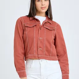 FREAKINS Spread Collar Pure Cotton Crop Denim Jacket-27