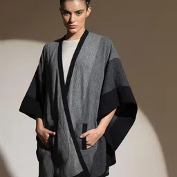 KHALEEJ V-Neck Woollen Longline Poncho Sweater-image-26