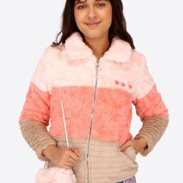 CUTECUMBER Girls Colourblocked Spread Collar Faux Fur Tailored Jacket-image-54
