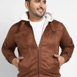 Instafab Plus Men Brown Checked Suede Windcheater Bomber Jacket-image-24