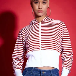 SASSAFRAS Red Striped Hooded Long Sleeves Fleece Front-Open Sweatshirt-8