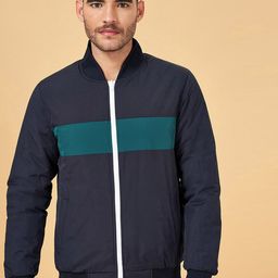 People Navy Blue Mock Collar Reversible Bomber Jacket-picture-17