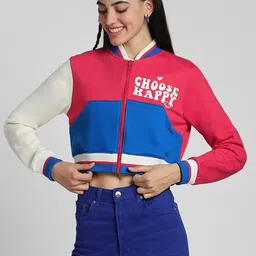 JUNEBERRY Colourblocked Fleece Lightweight Crop Bomber Jacket-image-42