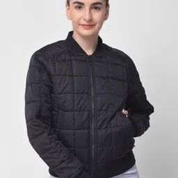 Woodland Women Black Floral Checked Crop Bomber Jacket-image-81