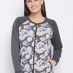 PURYS Women Grey Floral Printed Bomber Jacket-30