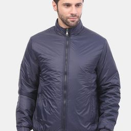 Mast & Harbour Navy Blue Stand Collar Bomber Jacket-image-5