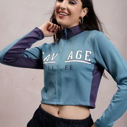 Tokyo Talkies Blue Typography Printed Slim Fit Crop Sporty Jacket-image-44