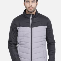 t-base Men Black Grey Colourblocked Windcheater Puffer Jacket-1