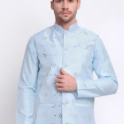 KRAFT INDIA Men Blue Mirror Work Embellished Silk Blend Nehru Jacket-image-6