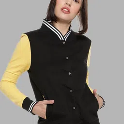 Campus Sutra Women Black Yellow Colourblocked Windcheater Outdoor Tailored Jacket-image-41