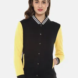 Campus Sutra Women Black and Yellow Colourblocked Windcheater Bomber Jacket-image-63